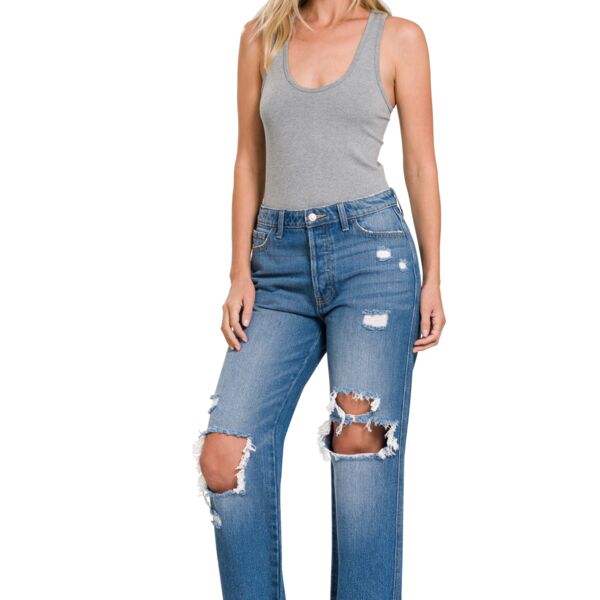RIGID DISTRESSED CUFFED HEM BOYFRIEND DENIM PANTS Thumbnail